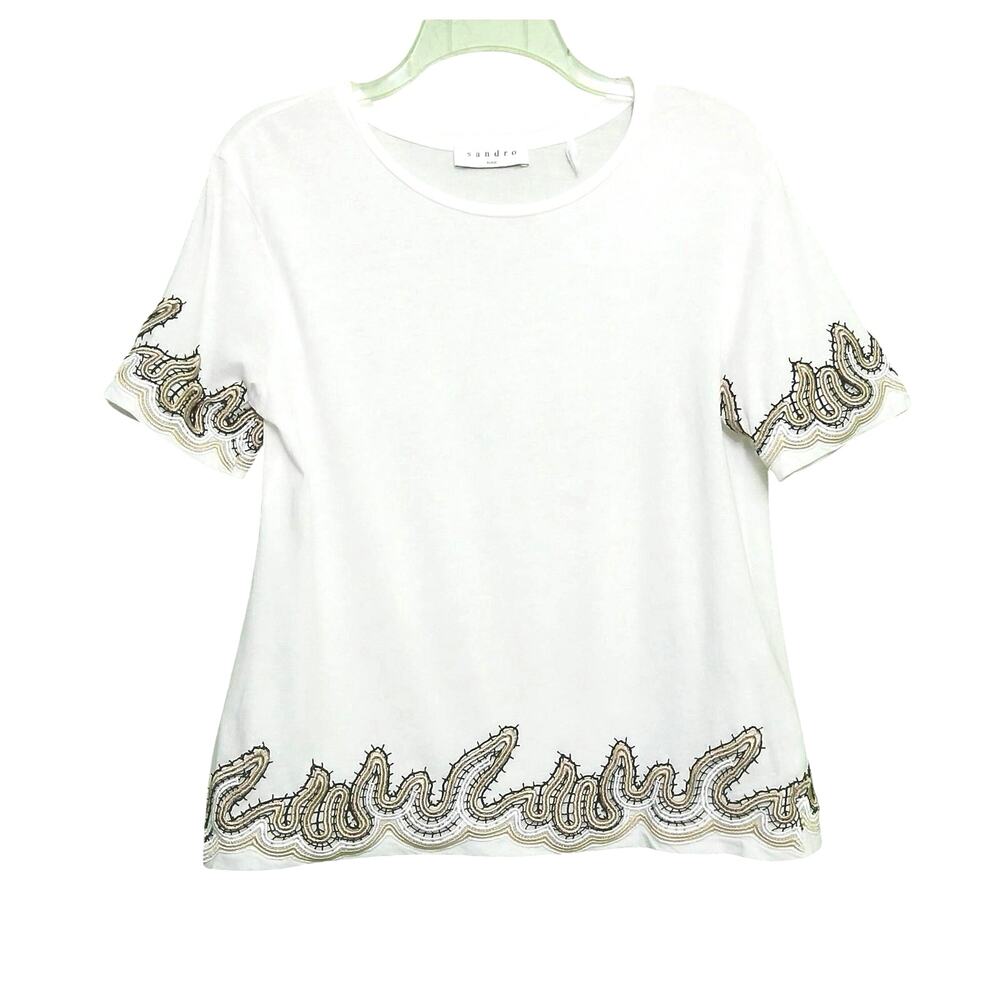 Sandro White Short Sleeve Tee with Gold & Black Embroidered Trim
